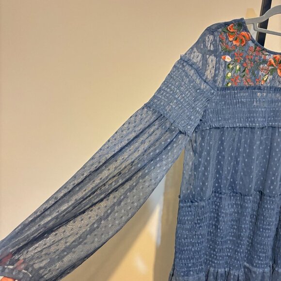 Maeve Anthropologie Samara Embroidered Blue Swiss Dot Smocked Ruffle Dress - Picture 5 of 13